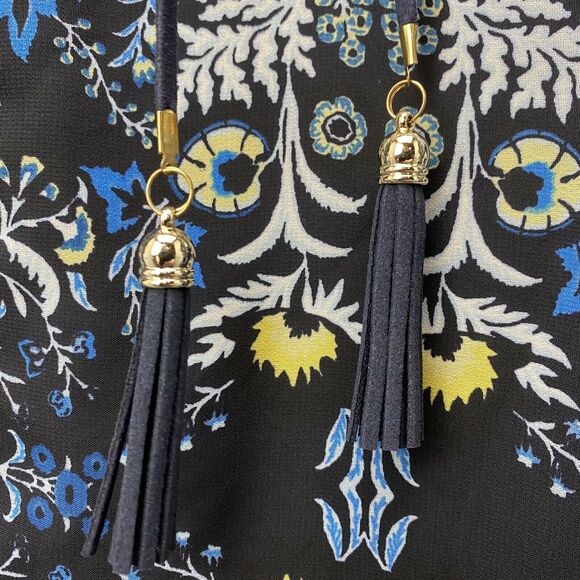 Vince Camuto Mini Dress Sz 6 Navy Blue Floral Tiered Ruffled Sleeve Tassels NEW - Picture 4 of 11